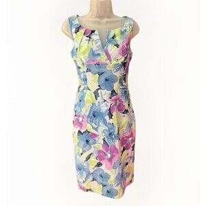 Adrianna Papell Blue Pink Floral Watercolor Print Sleeveless Midi Dress Size 6
